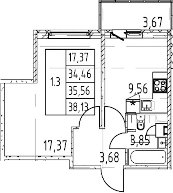 1-комнатная квартира 34.46 м², 1/12 эт., ЖК «Полис ЛАВрики»